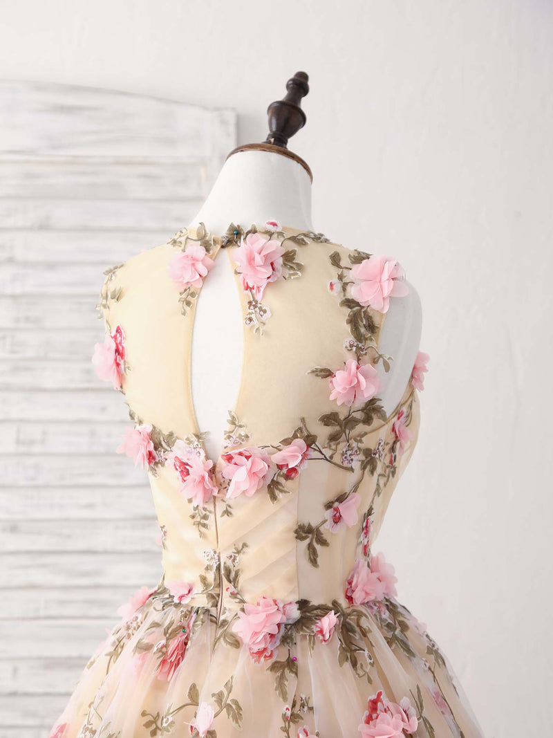 Unique Champagne 3D Applique Short Prom Dress Cute Homecoming Dress