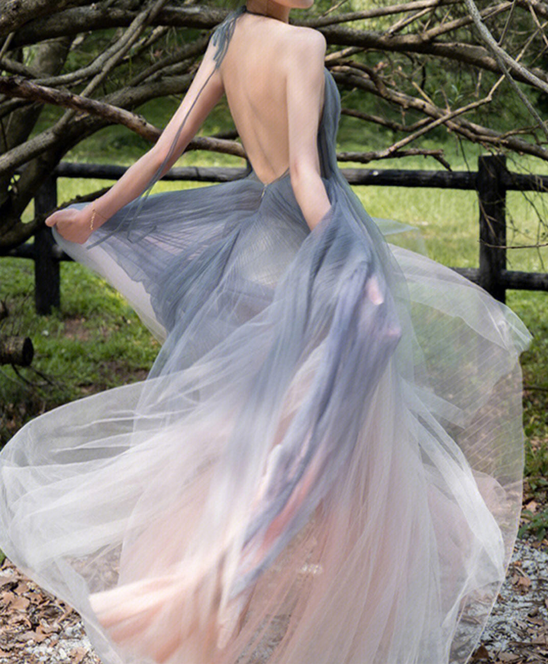 Gray V Neck Tulle Long Prom Dress, Gray Tulle Evening Dress
