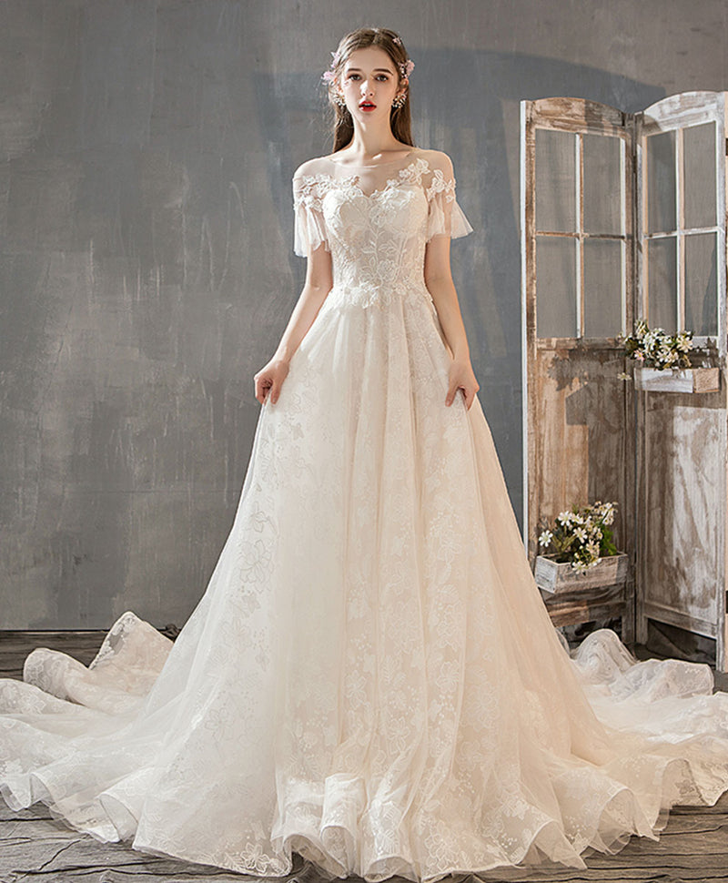 Light Champagne Tulle Lace Long Wedding Dress, Lace Bridal Dress