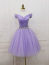 Purple Off Shoulder Tulle Sequin Prom Dress Purple Puffy Homecoming Dress