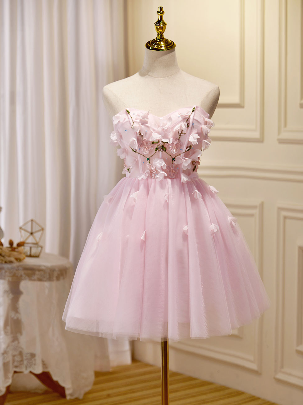 shopluu Mini/Short Pink Prom Dress, Cute Pink Homecoming Dresses with Beading Applique US 2 / Pink