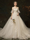 White Round Neck Tulle Lace Long Wedding Dress, Bridal Dress