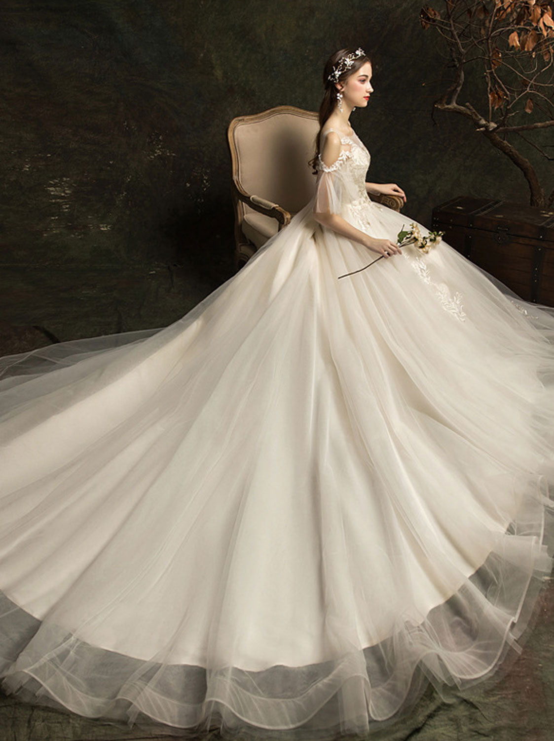 White Round Neck Tulle Lace Long Wedding Dress, Bridal Dress