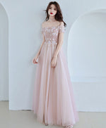 Pink Tulle Lace Long Prom Dress, Pink Bridesmaid Dress