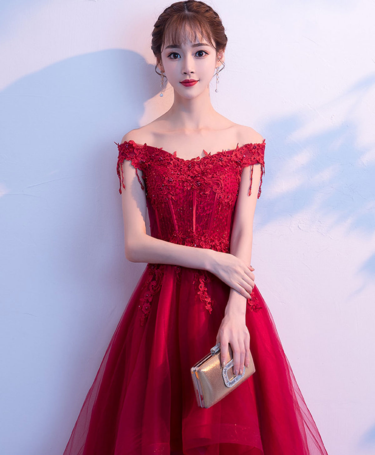 Burgundy Tulle Lace Prom Dress, Burgundy Tulle Evening Dress