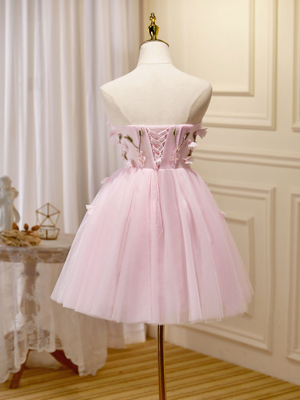 Mini/Short Pink Prom Dress, Cute Pink Homecoming Dresses with Beading Applique