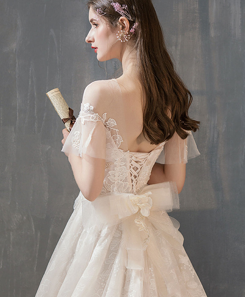 Light Champagne Tulle Lace Long Wedding Dress, Lace Bridal Dress