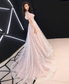 Pink Round Neck Tulle Lace Long Prom Dress, Pink Evening Dress