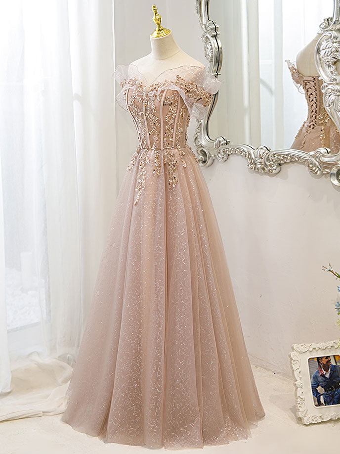 Champagne Tulle Lace A line Long Prom Dress, Lace Champagne Evening Dress