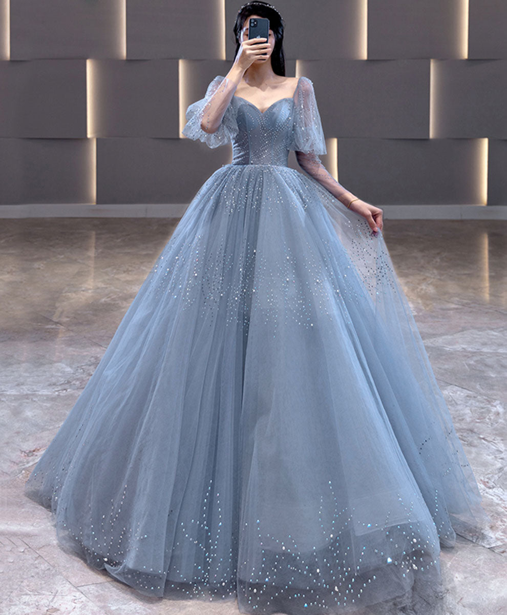 V Neck Tulle Sequin Blue Long Prom Dress, Blue Formal Graduation Dress US 14 / Blue V Neck Tulle Sequin Blue Long Prom Dress, Blue Formal Graduation Dress US 14 / Blue