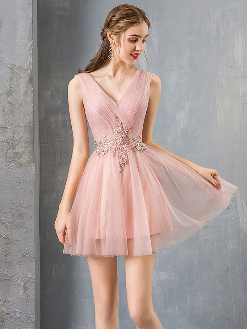 Pink V Neck Tulle Lace Short Prom Dress Pink Homecoming Dress