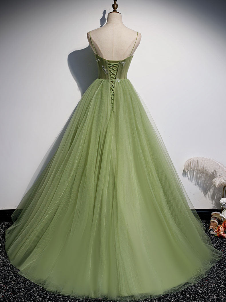 Aline Tulle Green Long Prom Dresses, Green Formal Graduation Dress with Beading