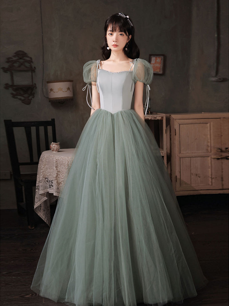 Gray Green Tulle Long Prom Dress, Green Tulle Formal Dress