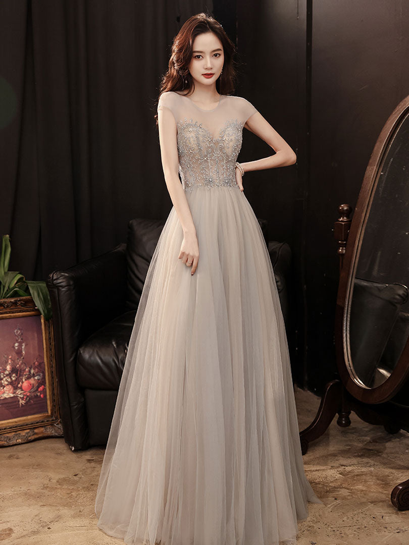 Gray Round Neck Tulle Beads Long Prom Dress, Gray Evening Dress
