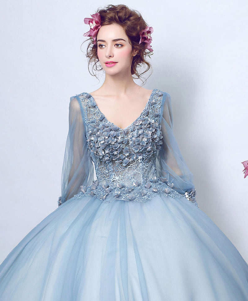 Blue V Neck Tulle Lace Long Prom Dress, Blue Lace Evening Dress