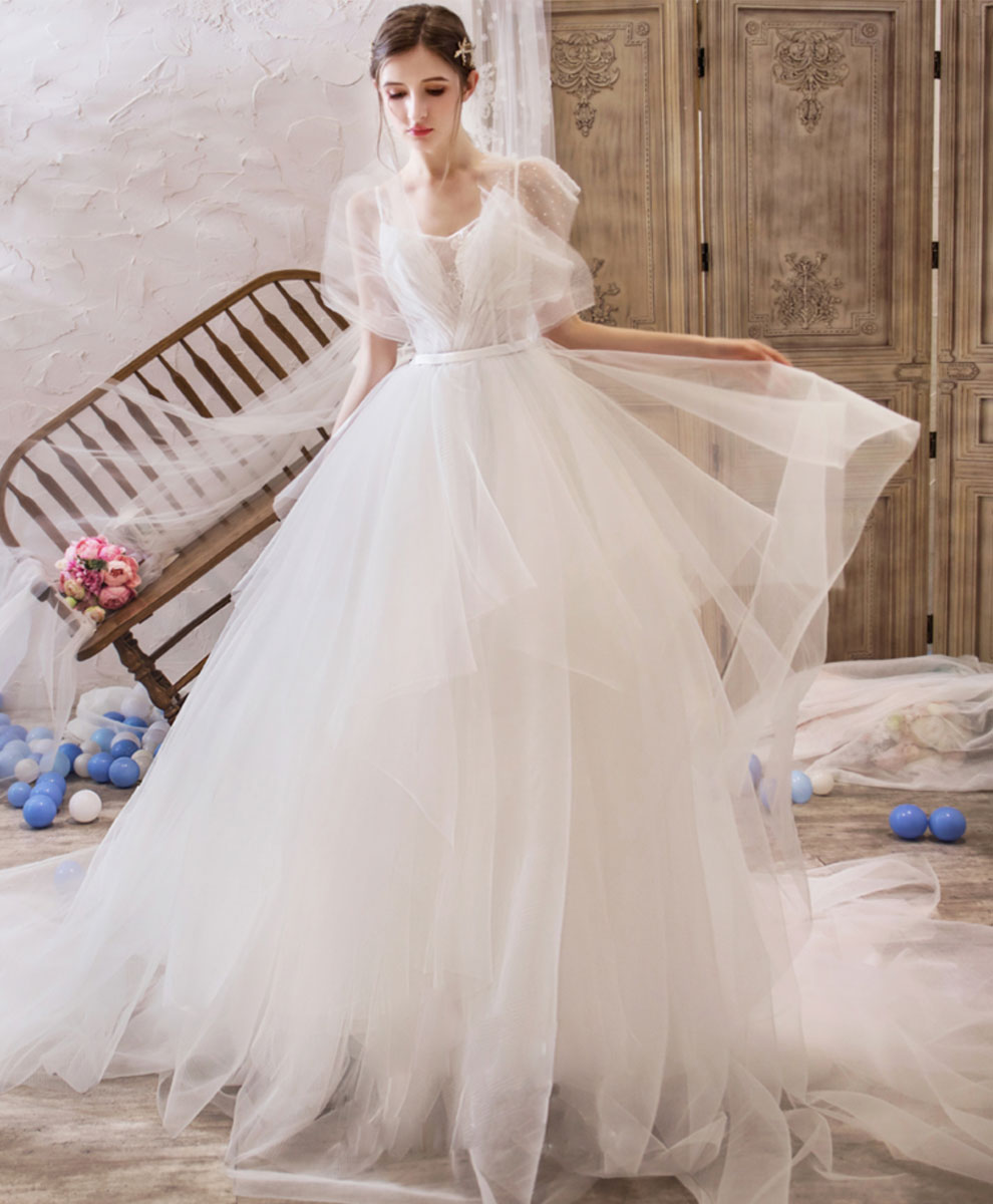 Half Sleeve High-Low Wedding Dresses Satin Korea Engagement Dresses ZW –  TANYA BRIDAL