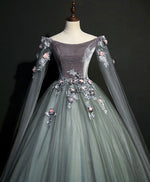 Gray Green Tulle Lace Long Prom Dress Gray Tulle Formal Dress