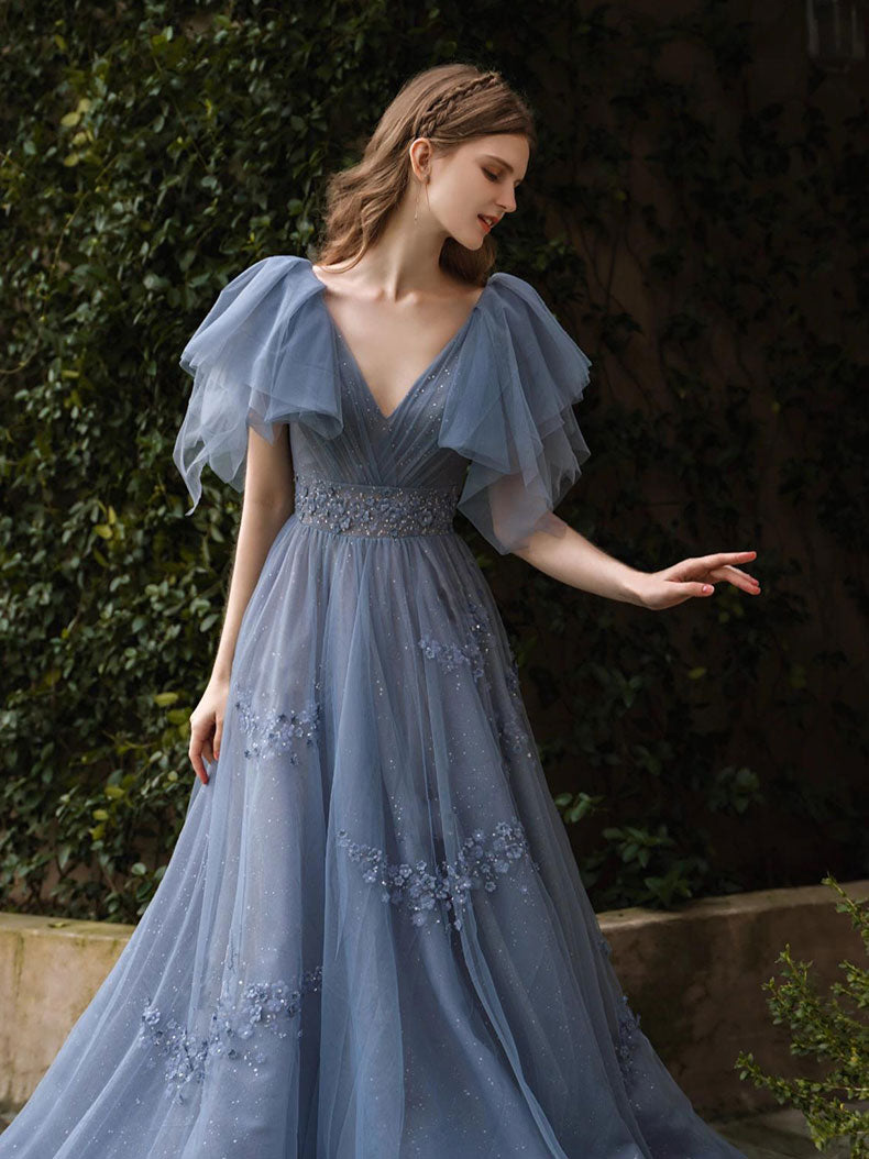 Gray Blue V Neck Tulle Sequin Long Prom Dress, Blue Formal Graduation Dresses US 2 / Custom Color Gray Blue V Neck Tulle Sequin Long Prom Dress, Blue Formal Graduation Dresses US 2 / Custom Color