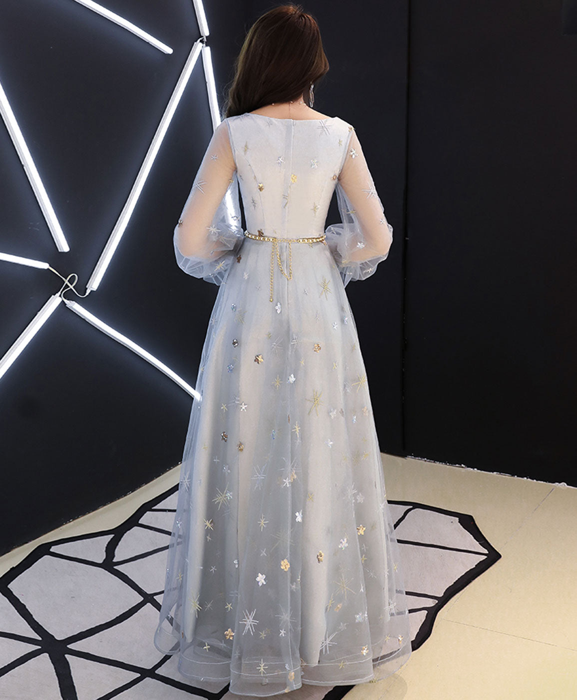 Gray V Neck Tulle Lace Long Prom Dress, Gray Tulle Evening Dress