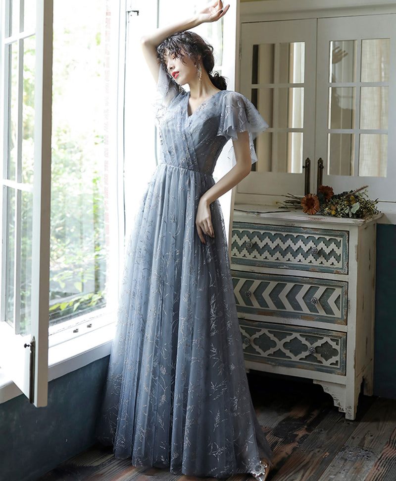 Gray Blue V Neck A-Line Tulle Long Prom Dress Gray Blue Tulle Formal Dress