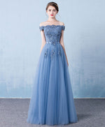 Blue Tulle Lace Off Shoulder Long Prom Dress, Bridesmaid Dress withe Beading