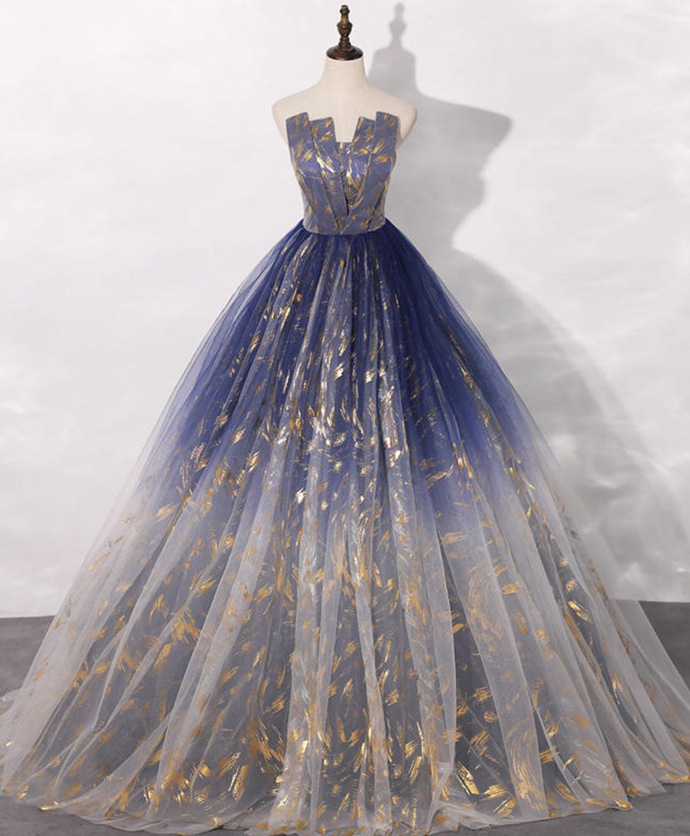 Blue A line Tulle Lace Long Prom Dress, Tulle Formal Blue Graduation D – shopluu