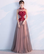 Burgundy Tulle Lace Long Prom Dress, Burgundy Evening Dress