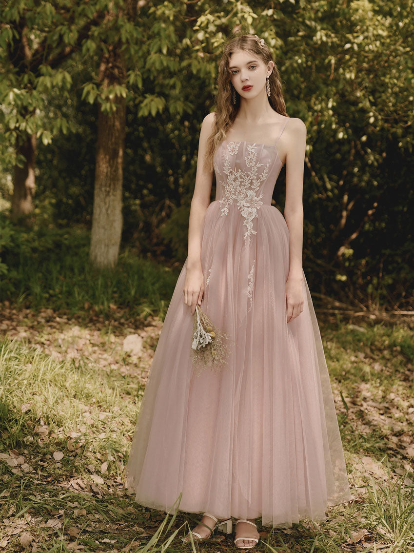 Pink Tulle Lace Tea Length Prom Dress, Lace Evening Dress