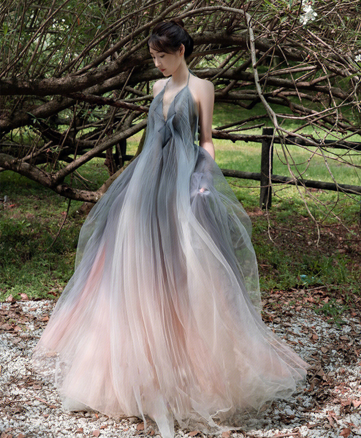 Gray V Neck Tulle Long Prom Dress, Gray Tulle Evening Dress