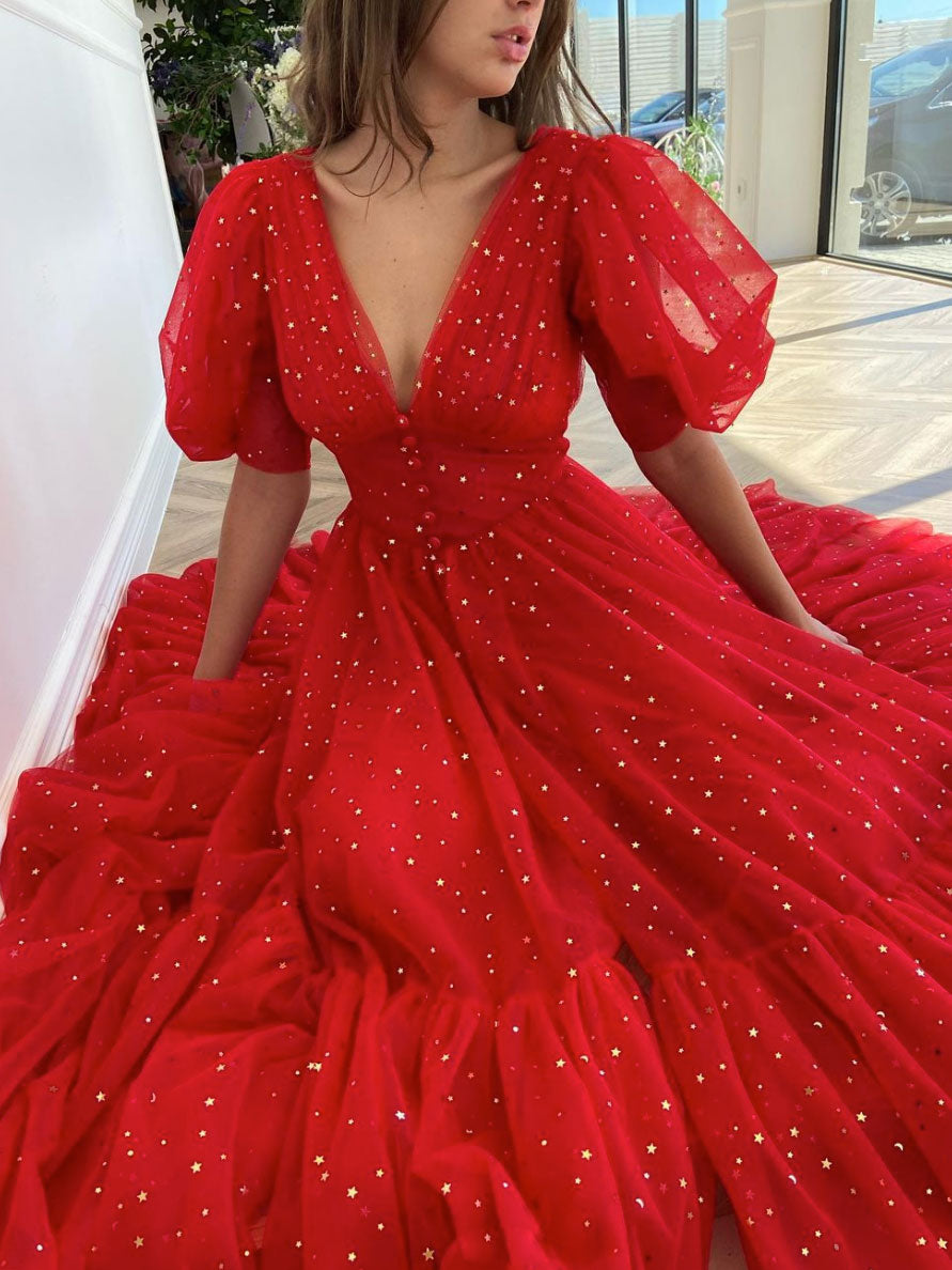 Red V Neck Tulle Tea Length Prom Dress, Red Evening Dress US 8 / Custom Color