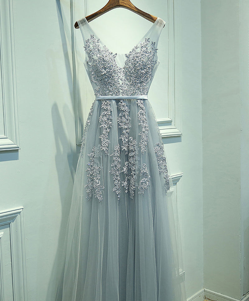 Gray V Neck Lace Tulle Long Prom Dress, Lace Evening Dress