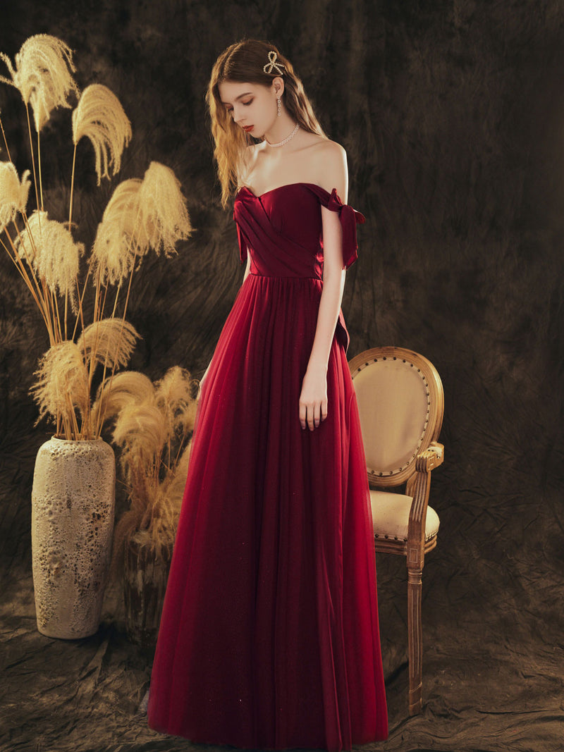 Simple Sweetheart Neck Tulle Long Prom Dress Burgundy Evening Dress – shopluu