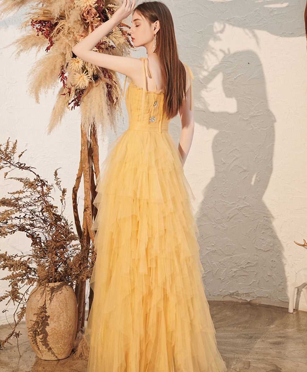 Yellow Sweetheart Tulle Long Prom Dress, A line Yellow Formal Graduation Dress