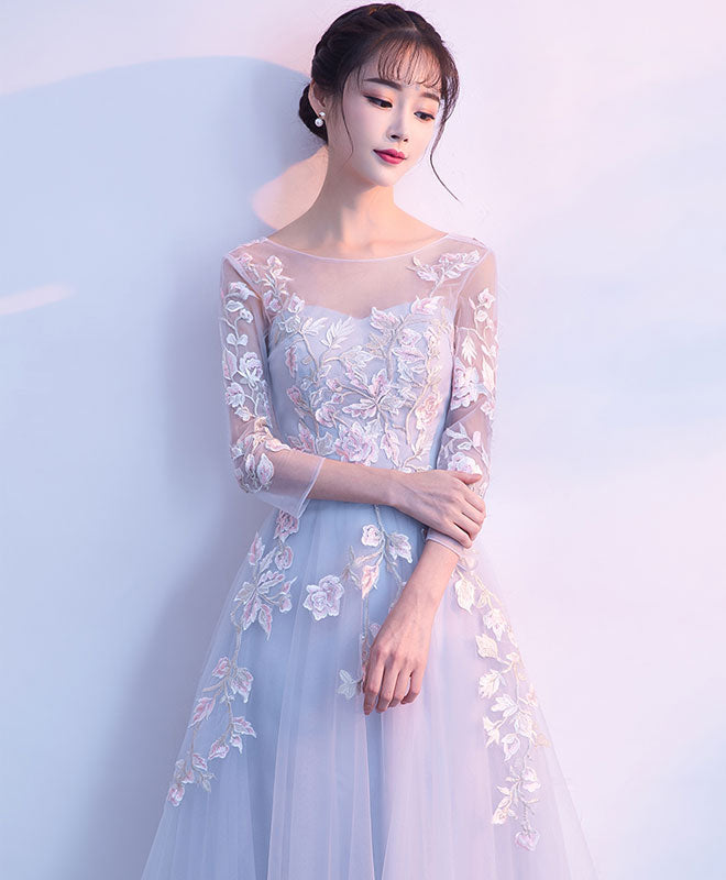 Gray Round Neck Tulle Lace Applique Long Prom Dress, Gray Evening Dress