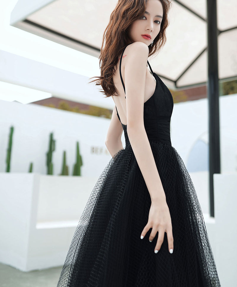 Black V Neck Tulle Short Prom Dress Black Short Evening Dress