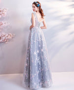 A-Line Gray V Neck Lace Long Prom Dress, Gray Lace Formal Evening Dresses