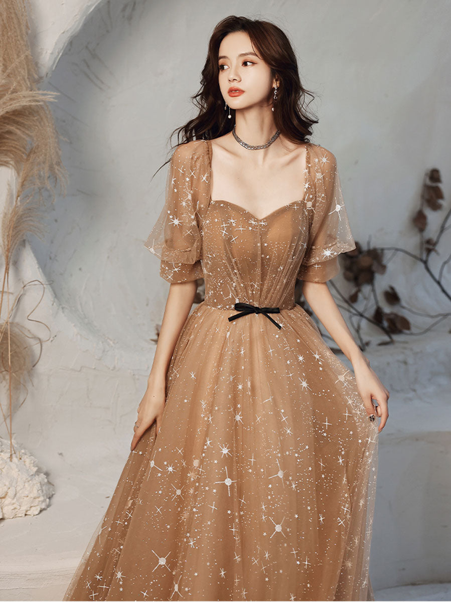 Champagne Sweetheart Tulle Lace Long Prom Dress Lace Evening Dress