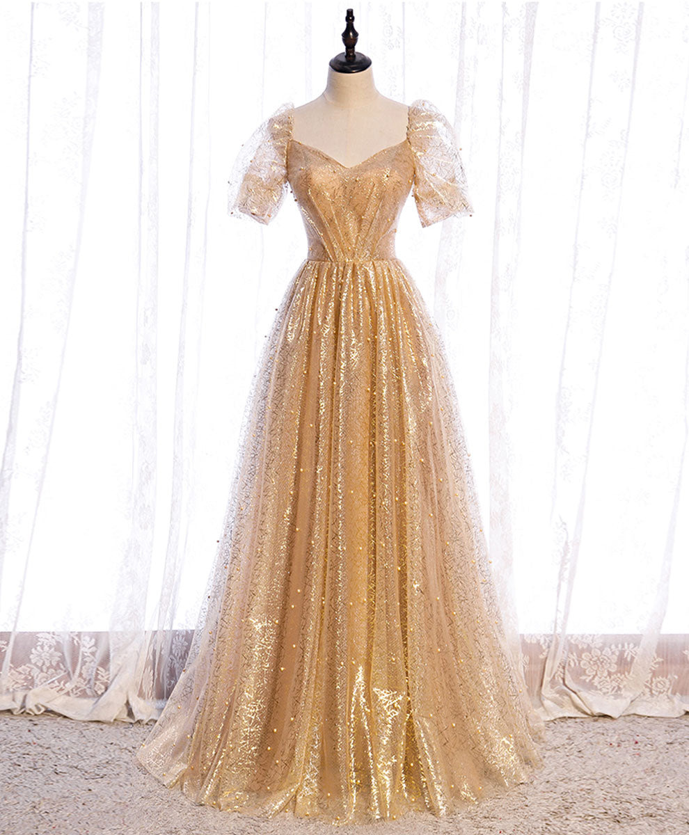 Gold V-Neck Tulle Long Prom Dresses, A-Line Evening Dresses US 16 / Gold Gold V-Neck Tulle Long Prom Dresses, A-Line Evening Dresses US 16 / Gold