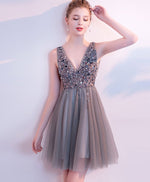 Gray V Neck Tulle Beads Short Prom Dress, Gray Homecoming Dress