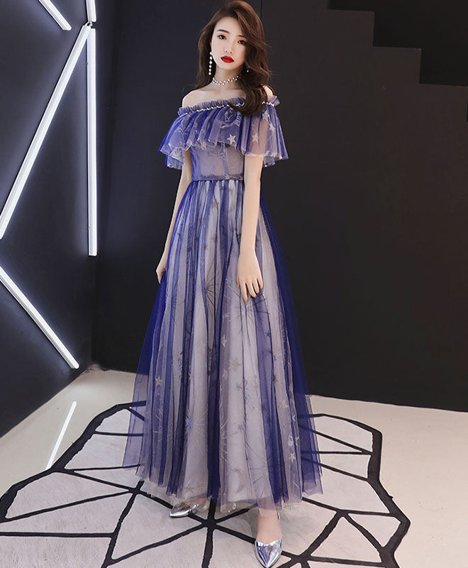 Blue Tulle Lace Tea Length Prom Dress, Blue Tulle Evening Dress