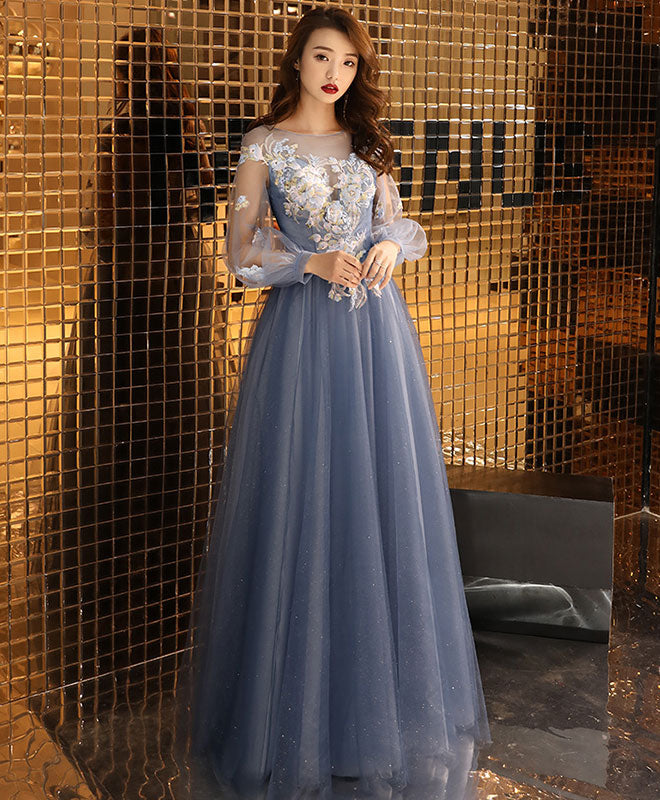 Blue Round Neck Tulle Lace Long Prom Dress Blue Formal Dress – shopluu