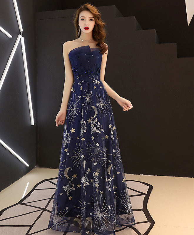 Dark Blue Tulle Lace Long Prom Dress, Blue Evening Dress