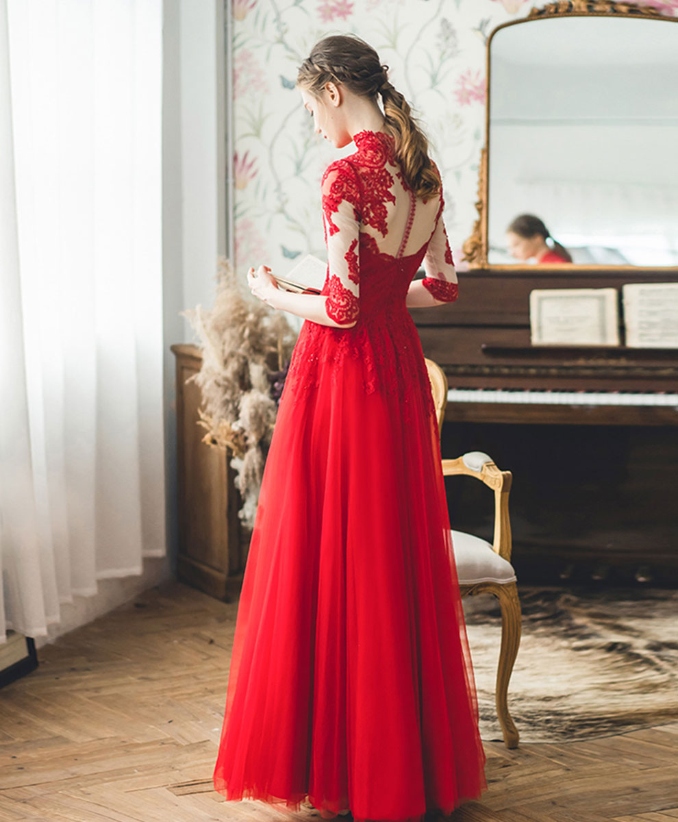 Red High Neck Tulle Lace Long Prom Dress, Red Lace Formal Dress