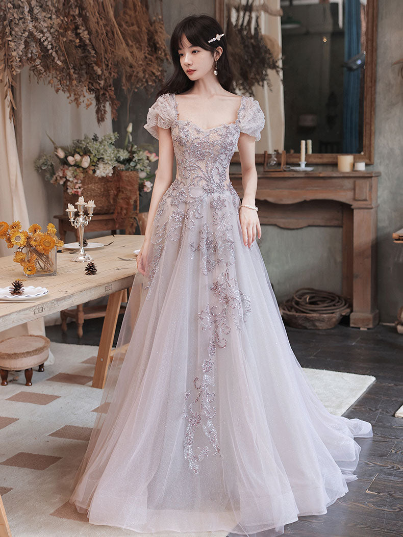 Elegant Tulle Sequin Beads Long Prom Dress Tulle Formal Dress – shopluu