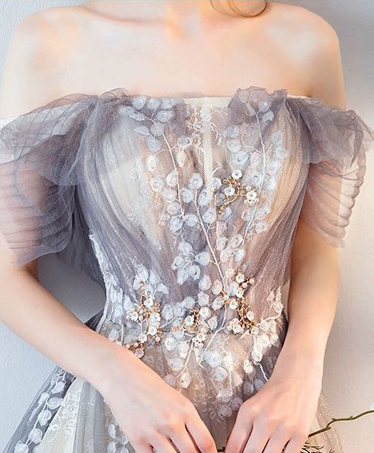 Gray Tulle Lace Long Prom Dress, Gray Tulle Lace Evening Dress