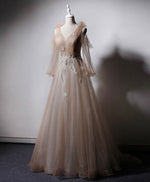 Champagne V Neck Tulle Lace Long Prom Dress, Champagne Formal Evening Dress