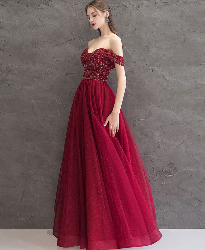 Burgundy Tulle Off Shoulder Long Prom Dress Burgundy Evening Dress