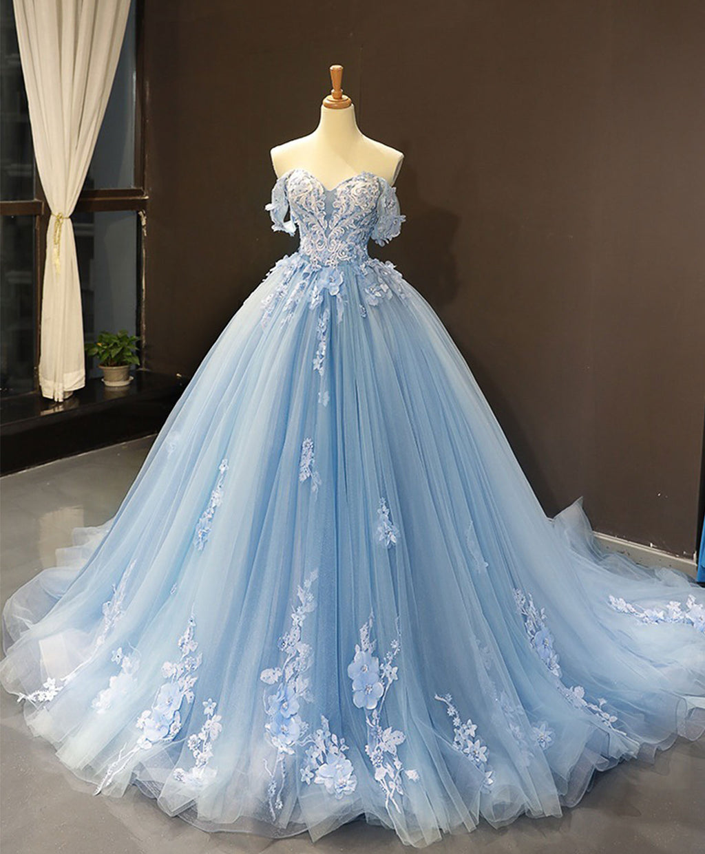 Blue Off Shoulder Tulle Lace Long Prom Dress, Blue Formal Ball Gown Ev – shopluu