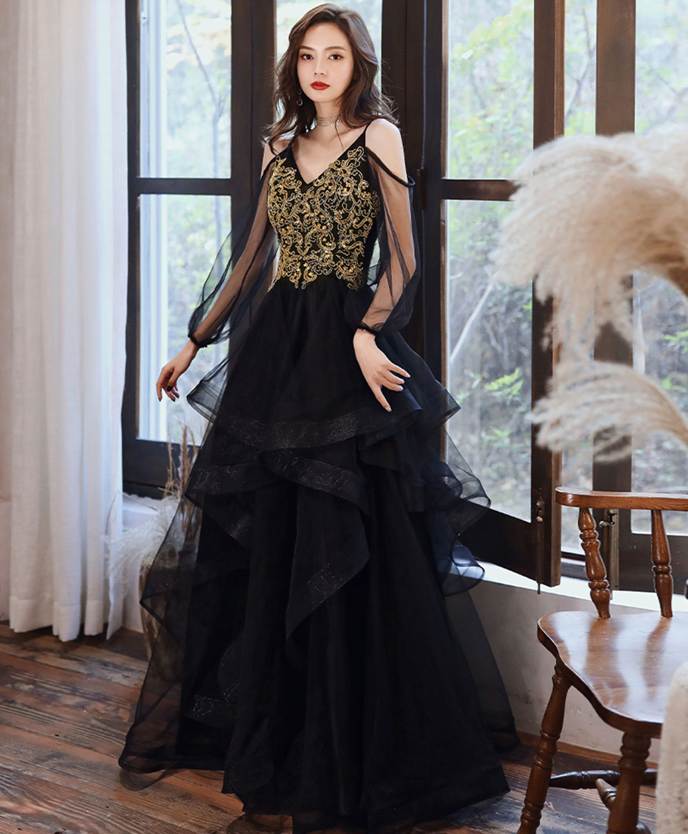Black Tulle Lace Long Prom Dress Black Tulle Formal Dress