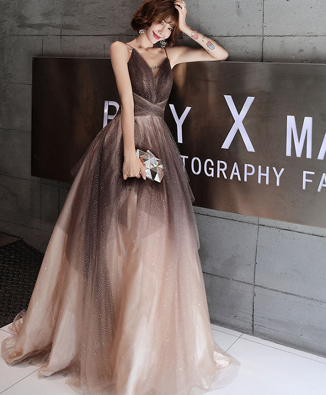 A-Line V Neck Tulle Long Prom Dress, Tulle Long Evening Dress